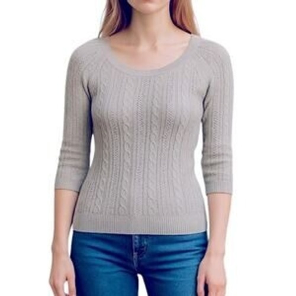 American Eagle Outfitters Gray Cable Knit Pointelle Scoop Neck Sweater Small S/P